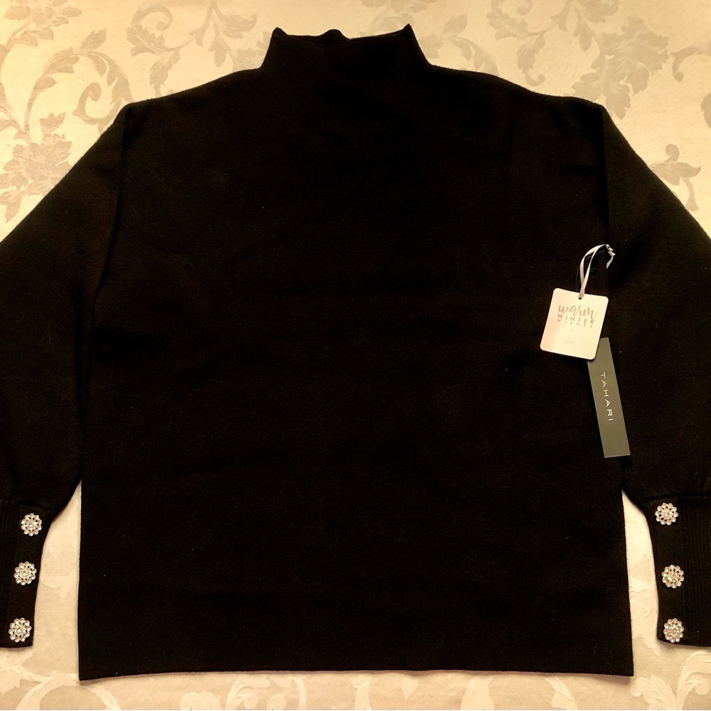 Tahari Black Knit Sweater with Rhinestone buttons